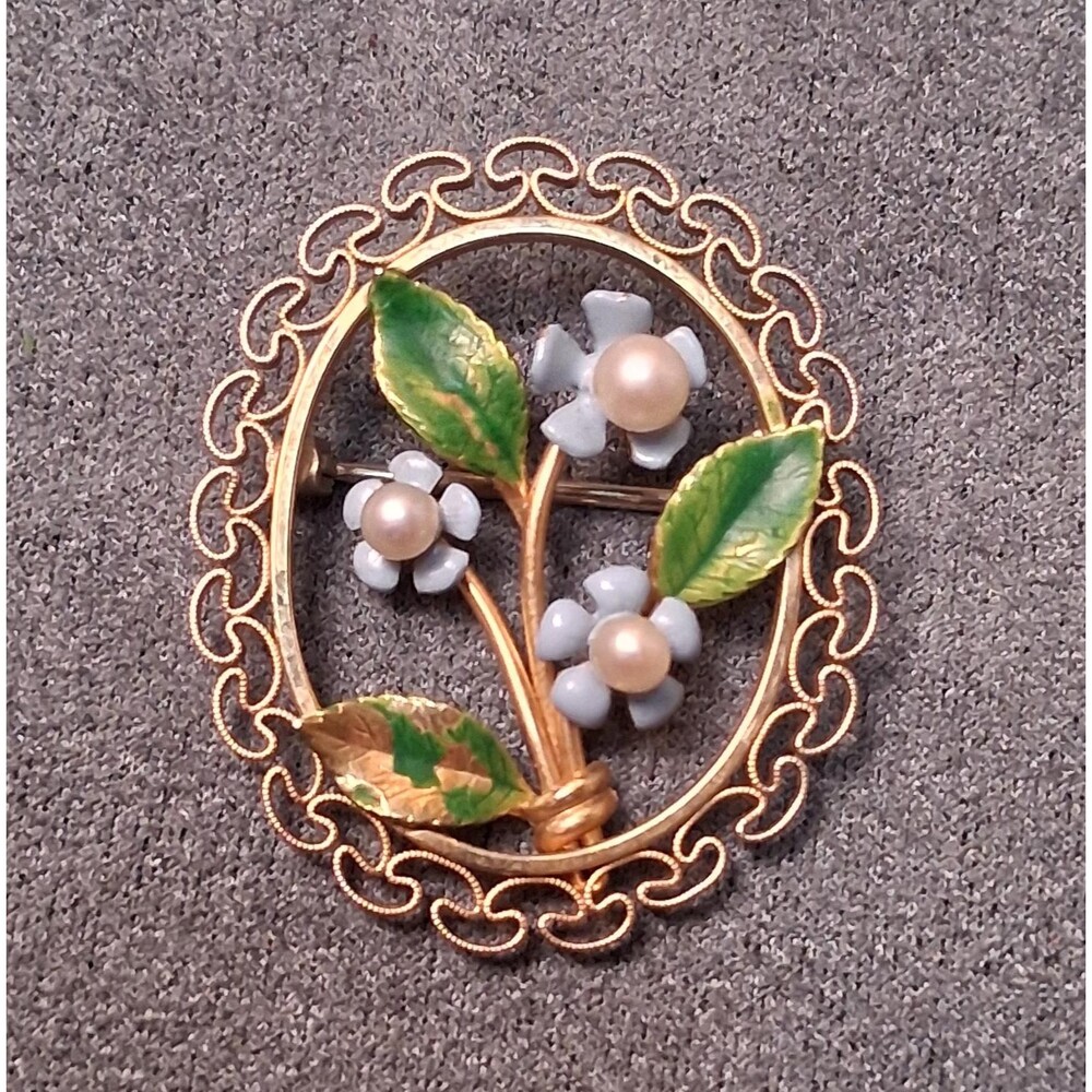 Vintage Enamel Flower Brooch Krementz Faux Pearls